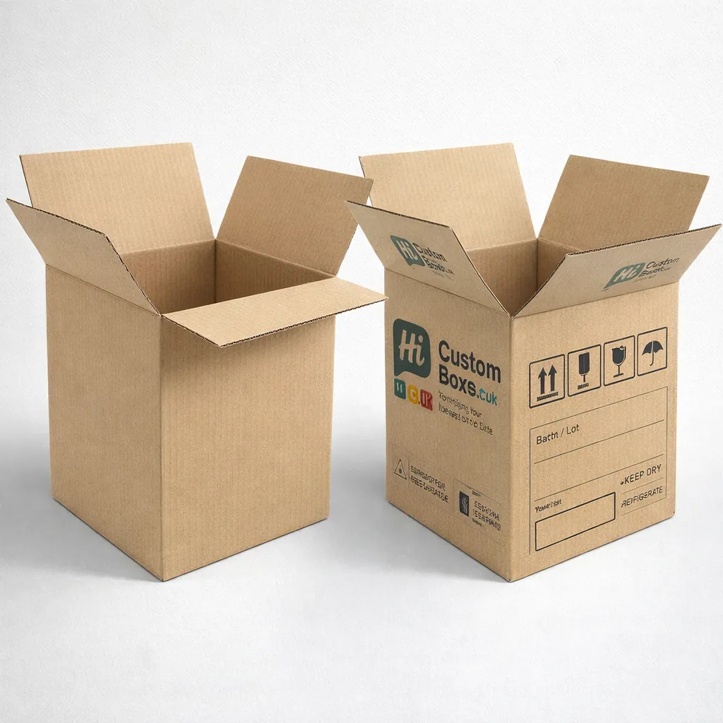 Heavy-duty corrugated shipping cartons for injection supplies featuring handling icons and custom business logos. class=
